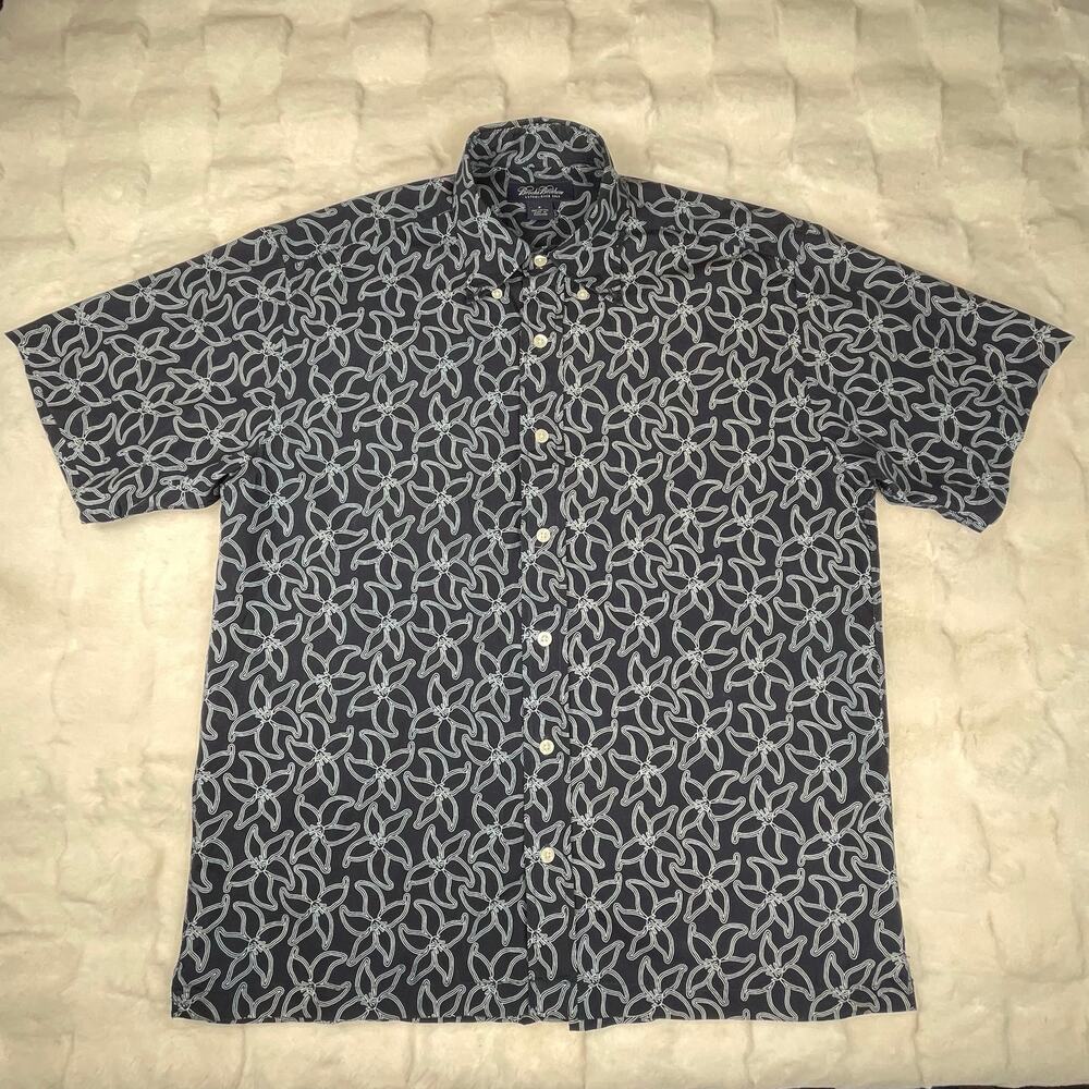🔥Brooks Brothers Abstract Printed Navy Blue Button Up Short Sleeve Dress Shirt